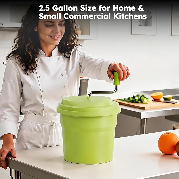 Commercial Salad Spinner, 2.5 Gallon (10QT) Heavy Duty Vegetable Dryer with Ergonomic Aluminum Handle, Sealed Gearbox, Dries Up to 3–4 Heads of Lettuce