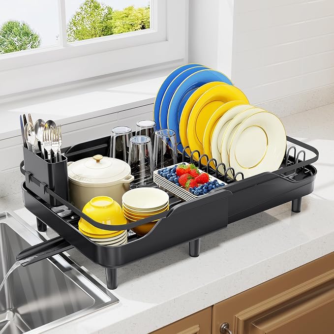 Urackify Expandable Dish Drying Rack for Small Kitchen Counter, Matte Black | Adjustable Capacity, Countertop-Stay-Dry Drainboard, Heavy-Duty Steel, Stable Plate Rack, Spave Saving for Apartment,RV,Dorms