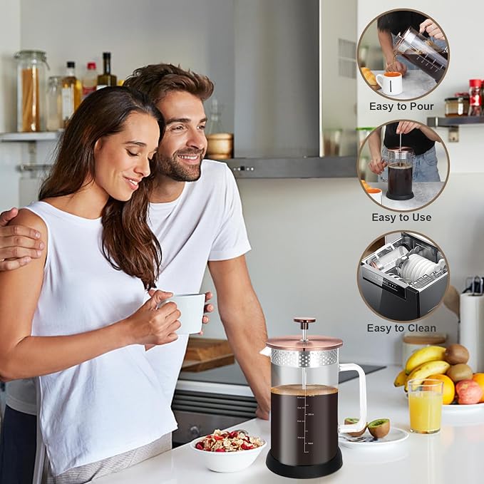 Mini French Press Coffee Maker-304 Stainless Steel Grilles, Borosilicate Glass Small Coffee Press,Non-slip Silicone Base-12 oz /350 ml with 2 Filter Screen-2 Cup Teapot