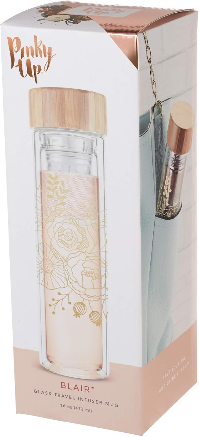 Pinky Up Blair Travel Infuser Mug, Double-Walled Glass, Stainless Steel Strainer, 16 Oz, Bouquet