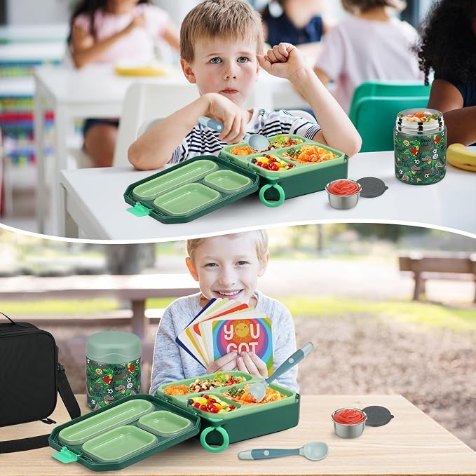 wiwens Bento Lunch Box for Kids with 12oz Soup Thermo Leak-Proof Lunch Food Container with 5 Compartment Thermo Hot Food Jar and Insulated Lunch Bag for Kid Toddler Girls Boys to School