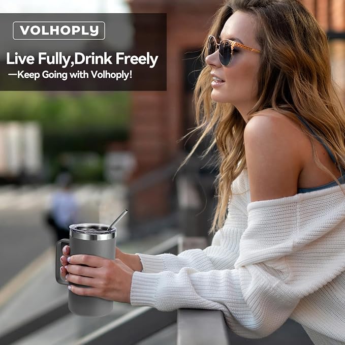 Volhoply 22oz Insulated Stainless Steel Coffee Mugs with Leakproof Lid Bulk 2 Pack,Double Wall Vacuum Travel Coffee Cup with Handle,Reusable Metal Tumbler,Camping Mug Keep Hot&Cold(Gray,2)
