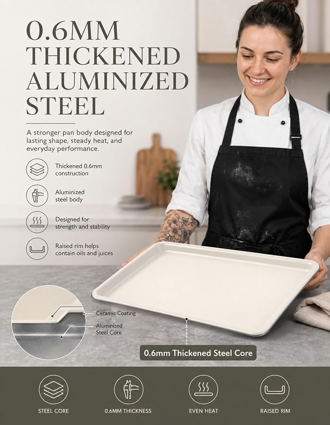 Ceramic Baking Sheet Half Size 17"x11" - Heavy Duty 0.6mm Aluminized Steel Pan, KFCC Ceramic Nonstick Cookie Sheet, Oven Safe to 550°F, Rustproof & Warp Resistant Baking Tray (2PCS)