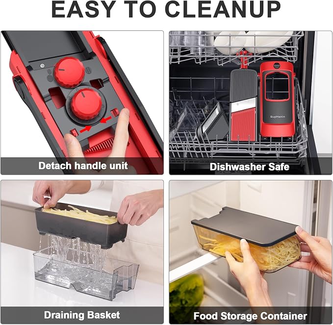 SupMaKin Safe Mandoline Slicer for Kitchen,Pptato Slicer, Vegetable Onion Chopper, French Fry Cutter, Adjustable Thickness, Julienne & Dicer Salad Chopping Artifact (4V RED)