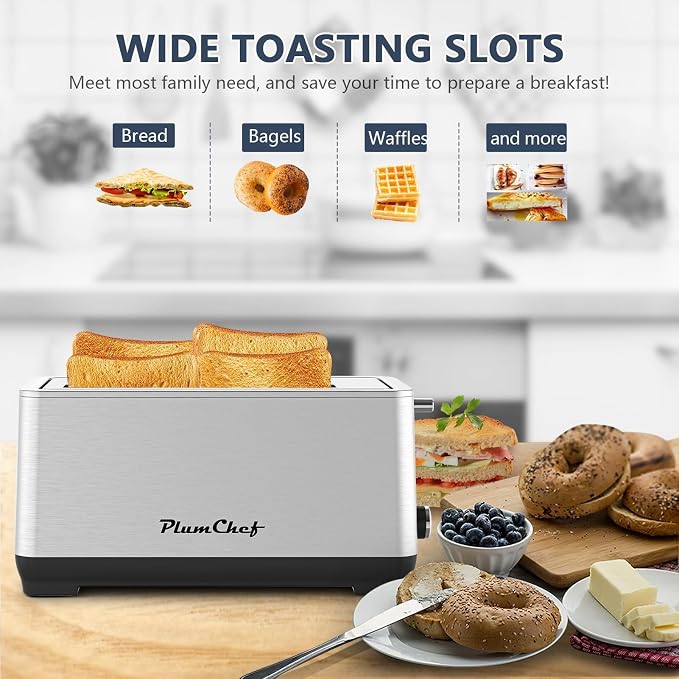 Plum chef 4-Slice Toaster, Extra Wide Long SIot Toaster, 6 Browning Settings, Bagel/Defrost/Reheat Functions, Removable Crumb Tray, Stainless Steel Housing 135oW (Stainless Steel)
