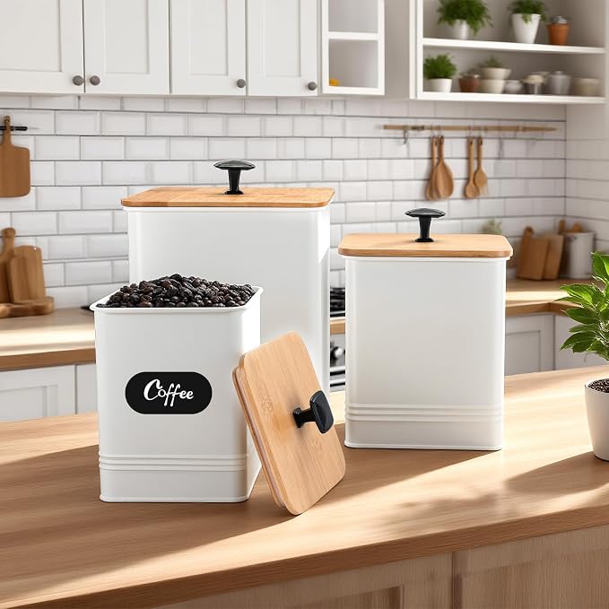 Kitchen Canisters Set of 3, Metal Flour Sugar Storage Containers with Airtight Lids-Canisters Sets for Kitchen with Customizable Chalkboard Labels & Marker Pen-Spice, Coffee Storage Jars(White)
