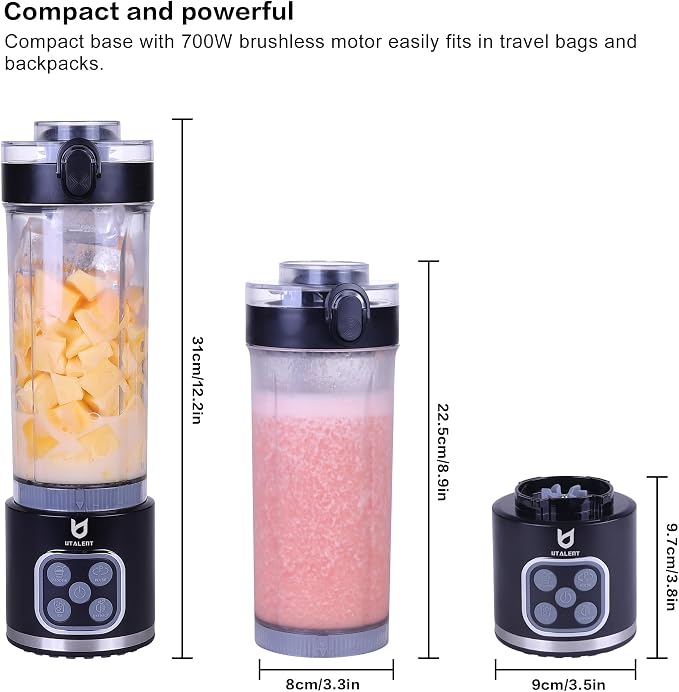 UTALENT Cordless Portable Blender, Ice Crush, 700W Motor, 25oz Cup, 4 Mode | 700W Brushless Motor, USB-C rechargeable, Long-lasting, 25oz Tritan cup, Leakproof lid with sip spout, Dishwasher Safe Parts