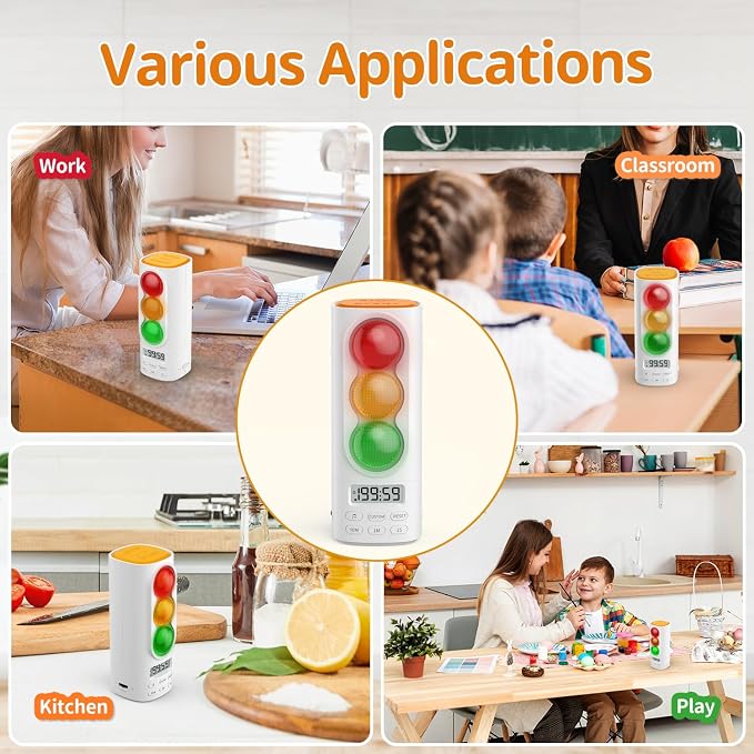 Traffic Light Timer, Custom Countdown, ADHD Tool, Volume & 4 Rings | visual meeting Classroom Desk Kitchen Type C Included Back to School