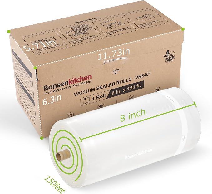 Bonsenkitchen 8” x 150’ Vacuum Sealer Bags Rolls with Cutter for Food | Commercial Grade, Meal Prep and Sous Vide Cooking, Puncture Resistant Heavy Duty Design, BPA Free Food Grade Safe Material