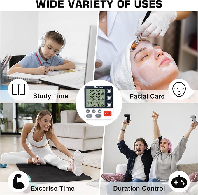 Samshow Digital Kitchen Timer, 3 Channels | Count UP/Down Timer, Large Display, Triple Timer, Magnetic Stopwatch, Adjustable Volume, Loud Alarm, Battery Included