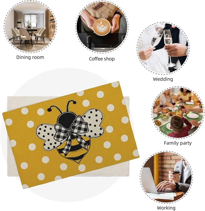 Bumble bee Placemats Set of 4, Yellow Polka Dots Honey Bee Decorative Table Mat 12 x 18 Inch Heat Resistant Non Slip Line Fabric Summer Place mat for Holiday Party Kitchen Dining Decor