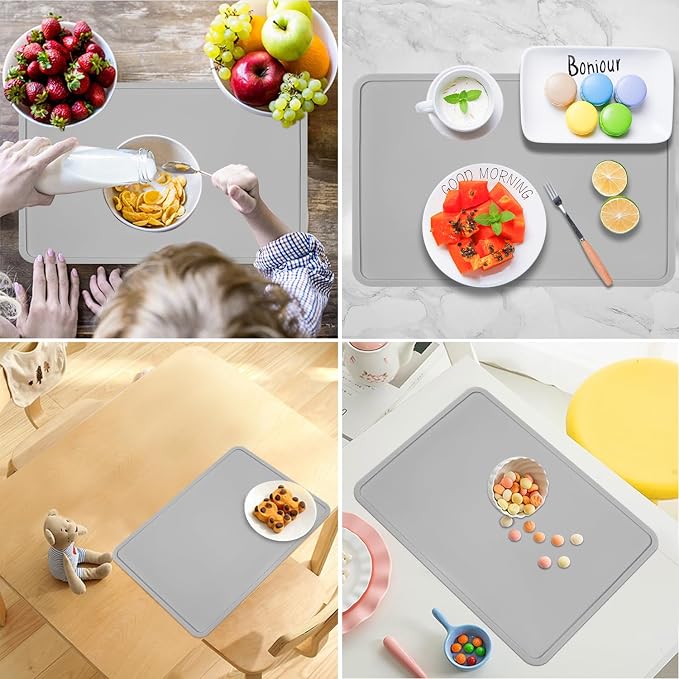 Silicone Placemats with Raised Edges for Kids, Kids Placemat for Dining Table, Silicone Table Mat Portable Reusable Non-Slip Mats for Kids Toddler Children (Grey)