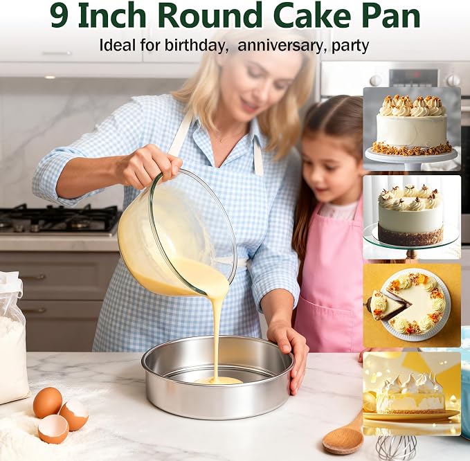 P&P CHEF 9 Inch Cake Pan Set of 3, Stainless Steel Round Cake Baking Pan | Layer Cake Tin Bakeware for Cooking Steaming, Ideal for Birthday Wedding Anniversary, Fit for Home & Commercial Use