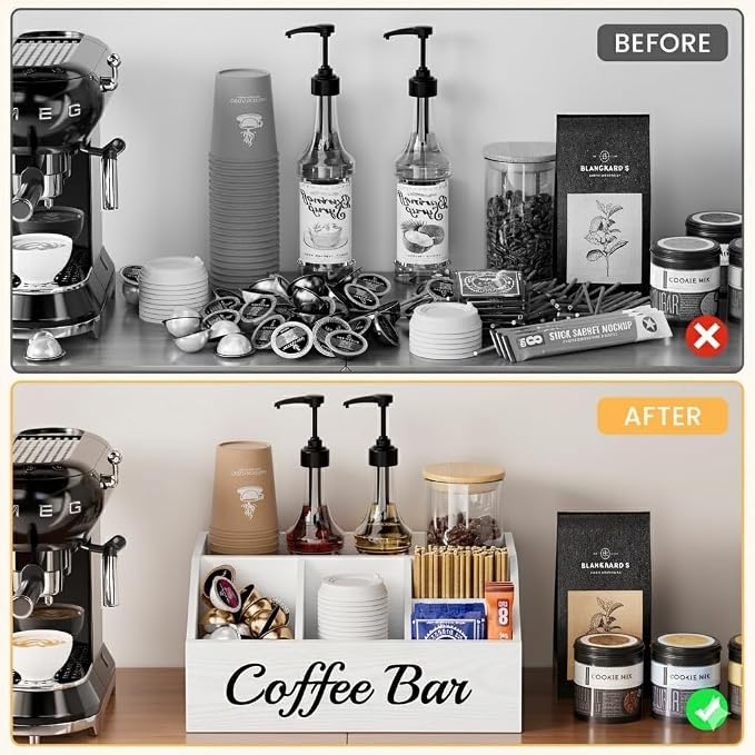 2 Pack Coffee Station Organizer for Countertop – Wooden Coffee Bar Organizer with Adjustable Dividers,Holds K Cup Pod & syrup bottles, for Kitchen, Office, or Bar and Tea Station, White