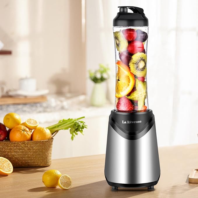 La Reveuse Smoothies Blender Personal Size 300 Watts with 18 oz BPA-Free Portable Travel Sports Bottle, Silver