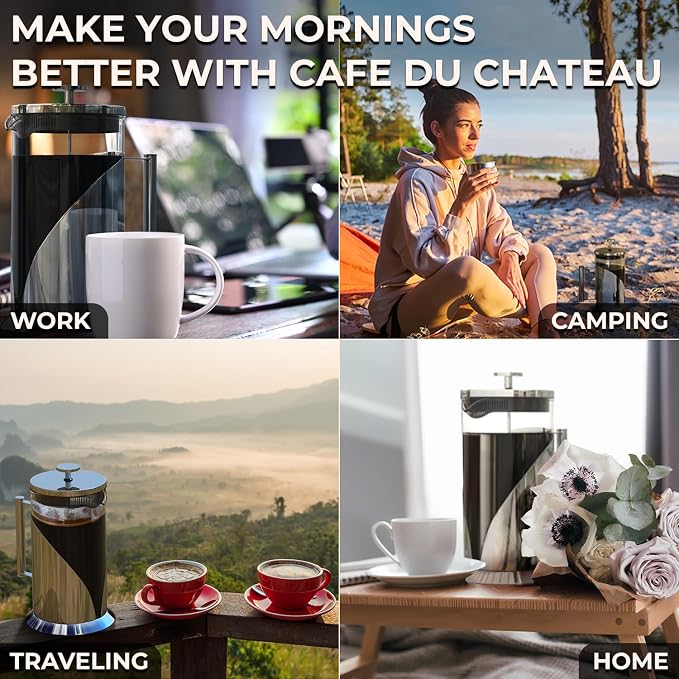 Cafe Du Chateau French Press Coffee Maker, 34 oz Glass, Stainless Steel | Easy Brew, Durable Clear Glass, 4-level Filtration, 34 oz Capacity, Coffee Press for Camping, Tea Brewer, BPA-Free Materials