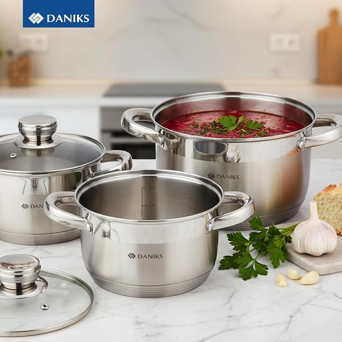 Daniks Standard 6-Piece Stainless Steel Cookware set with Glass Lid, Tri-Ply Bases for Even Heating, Induction Compatible, Dishwasher Safe, Built-In Measuring Scale, Silver
