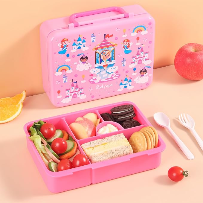 rockpapa Bento Box for Kids - Large 5.5 Cups Lunch Box with Utensils - 5 Compartments, BPA-Free, Leak Proof, Portable Handle for Boys Girls, Microwave/Dishwasher Safe (Pink Fairies)