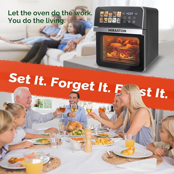 10QT Air Fryer Toaster Oven, Family Size Double-Cooking Combo | EASY CLEAN: Stainless Steel Interior oven; dual-layer rack allows simultaneous cooking for healthy family meals.