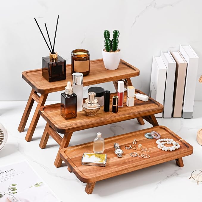 GEHE 3 Tier Serving Tray Acacia Wooden Tiered Tray Stand Foldable Dessert Table Display Set Decor Charcuterie Boards for Party, Birthday, Wedding, Christmas