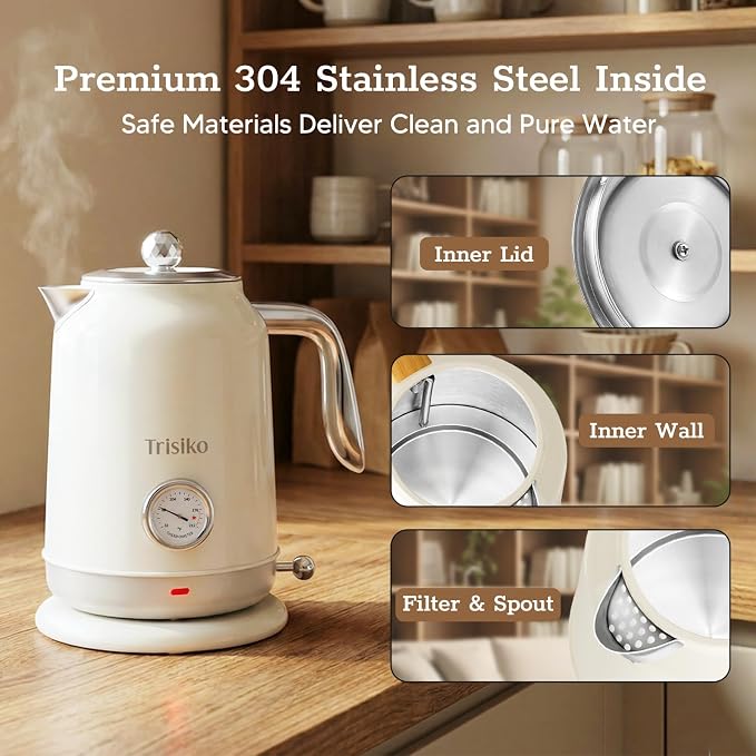 Electric Kettle with Thermometer, 1.7L White, 1200W | electric tea kettle with visible thermometer, stainless steel water-contact interior,cordless base for tea and coffee