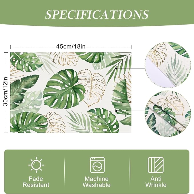 Bonhause Tropical Palm Leaves Monstera Placemats Set of 4, 12x18 Inch Summer Hawaiian Green Plants Kitchen Dining Table Mats Washable Place Mats for Indoor Outdoor Home Party Decor
