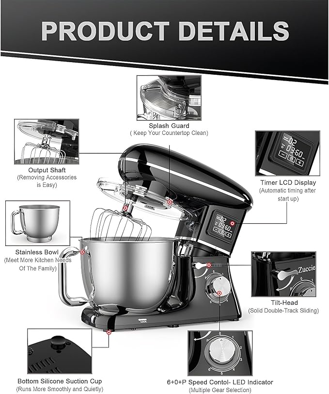Electric Stand Mixer with LED Display & Timer 6.5QT Bowl Stainless Steel, 1350W 6-Speeds Kitchen Stand Up Mixer for Baking Cakes Cookie Bread Salad Food with Egg Whisk, Dough Hook, Beater