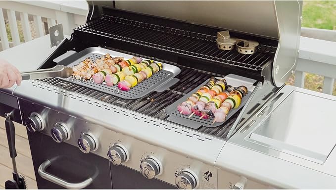 Grill Topper Grilling Pans Set of 2, 17"x10" and 13.3"x7.4" | Non-Stick, Barbecue Trays, Durable with Holes, Metal Topper Baskets, For Barbecue & Smoked Meat, Vegetables & Seafood