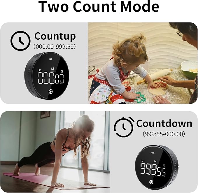 Digital Kitchen Timer, Magnetic Visual Countdown Countup Timer with Large LED Display, Adjustable Volume, Easy for Seniors and Kids, for Cooking, Classroom, Fitness, Study (Black)