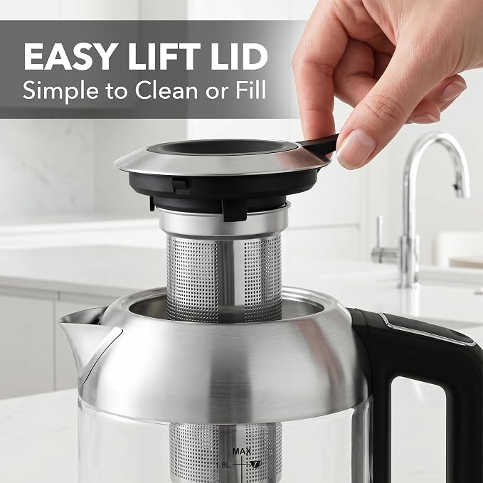 OVENTE 1.8L Glass Electric Kettle with Tea Infuser, Silver KGD752S | 1500W Fast Boiling, Easy Fill Lid, 7 Temperature Control, Keep Warm, Digital Display, Auto Shut-Off, Boil-Dry Protection