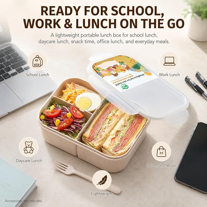 MISS BIG® Bento Lunch Box for Adults & Kids, 1900ml, 3 Compartments, White | 1900ml BPA-free 3-compartment lunch box for adults, kids and dry foods