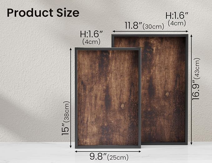 Fibogollo Set of 2 Wooden Serving Trays with Handles for Coffee Table | Decorative Trays Platter,Breakfast Tray in Bed,Large Coffee Table Tray,Food Drinks Trays for Eating,Working,Storing