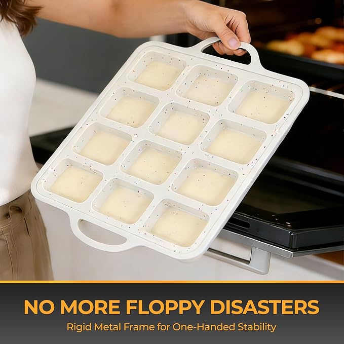 Silicone Mini Loaf Pan 2 Pack with Reinforced Metal Frame 12-Cavity | Non-Stick Baking Mold for Banana Bread, Cornbread & Keto Snacks - Easy Release & Dishwasher Safe, Cream with Color Dots