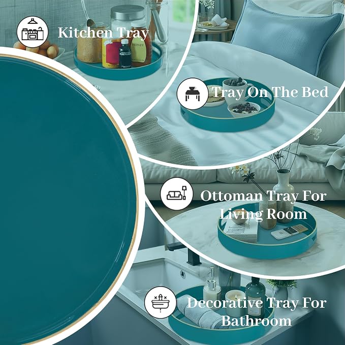 13" Teal Decorative Tray, Plastic Round Serving Tray with Handles | Green Decorative Tray for Coffee Table, Modern Ottoman Tray, Circle Tea Tray, Round Melamine Tray for Living Room, Bathroom