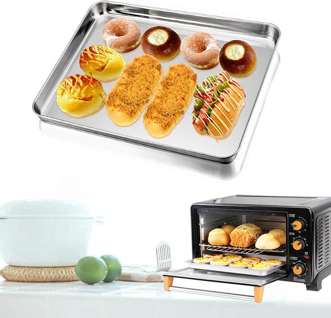 TeamFar Baking Sheet Pan, Cookie Sheet Set of 2, 16" & 12.4" | Stainless Steel Baking Pan Tray Set, Non Toxic & Healthy, Mirror Finish & Rust Resistant, Easy Clean & Dishwasher Safe