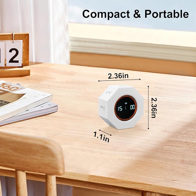 Rechargeable Pomodoro Timer, Small Gravity Timer (Pearl White) | Seven Preset Flip Times (1/3/5/15/30/60/90 min) and Count-Up Mode: Digital Kitchen Timer for Cooking, Work, and Study