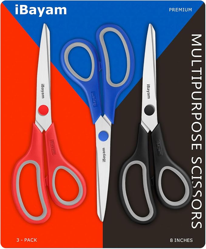 iBayam 8.5" Household Scissors All Purpose 3 Pack, Red Black Blue Scissors | Ultra Sharp 2.5mm Thick Blade Shears Comfort-Grip for Office Desk Sewing Fabric Home Craft School Supplies, Right/Left Handed