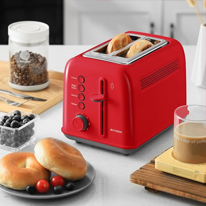 BUYDEEM DT620 2-Slice Toaster, 7 Shade Settings, Extra Wide 1.5'' Slots for Bagel & English Muffin, 6 Toasting Functions, Retro Stainless Steel Toaster with High Lift Lever, Red