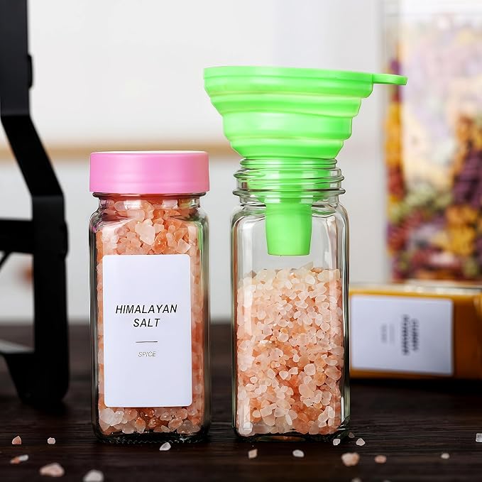 48 Spice Jars with Labels, 4oz Seasoning Jars for Cabinets, Drawers, Racks | Lead-free glass seasoning containers with pink airtight lids, and they are dishwasher safe