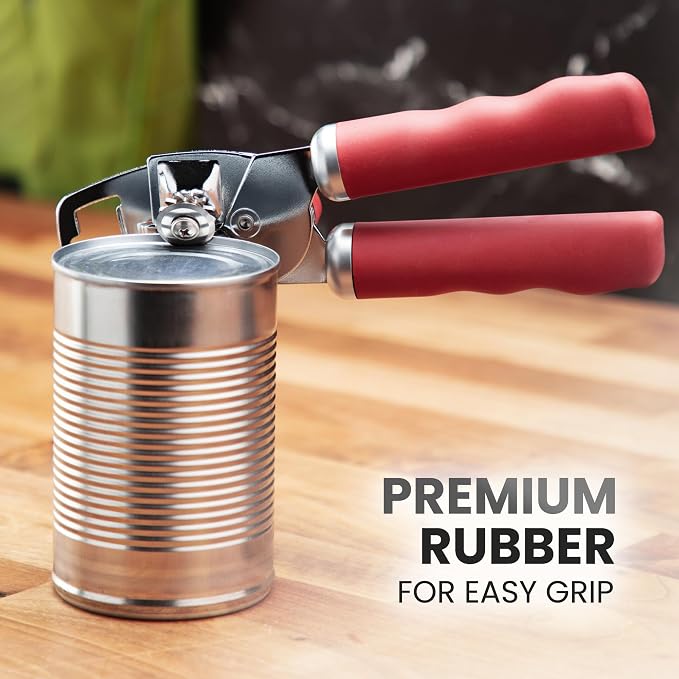 Zulay Kitchen Heavy Duty Stainless Steel Can Opener Manual with Bottle Opener - Rust Proof Manual Can Opener With Turn Knob & Comfy Soft Grip Handles - Red