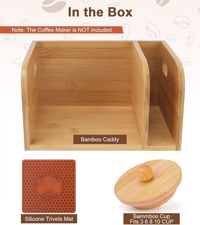 Bamboo Caddy with Lid & Heatproof Trivets Mat for Chemex CoffeeMakers | Bamboo Cup not Included - Designed for Chemex Pour - Over Glass Coffeemaker(3/5/6/8/10Cup), for Bodum Pour Over Coffee makers