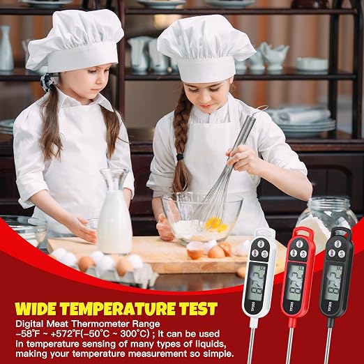 6 Pcs Instant Read Meat Thermometer with Long Probe 9.65 Inch Kitchen Cooking Food Candy Waterproof Digital Thermometer for BBQ Water Milk Yogurt Liquid (Round&Square Ring,Black,White,Red)