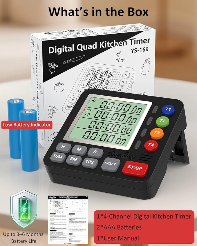 Digital Kitchen Timer with 4 Channel, Loud Alarm and Silent Mode | Magnetic Cooking Timer with Count Up & Countdown for Kids and Seniors, Large Display to Read, Auto Memory, Battery Included