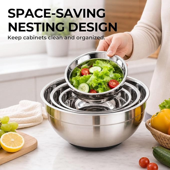 Stainless Steel Mixing Bowls with Lids Set Nesting Metal Prep | 201 steel bodies silicone non-slip base seperate lids 3 grater slicer blades for baking meal prep salads and marinating