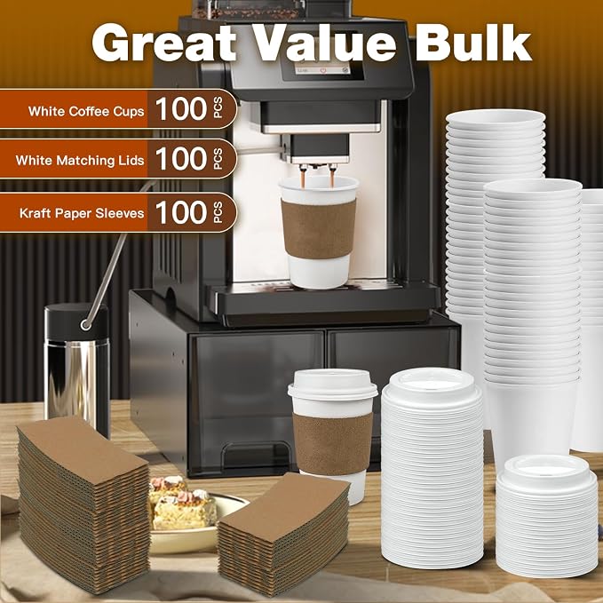 Ginkgo 100 Pack 12 oz Leak-Proof Coffee Cups with Lids and Sleeves | Disposable To Go Hot Travel Paper Cups, Hot Chocolate, Cocoa, Tea , Coffee Bar Accessories