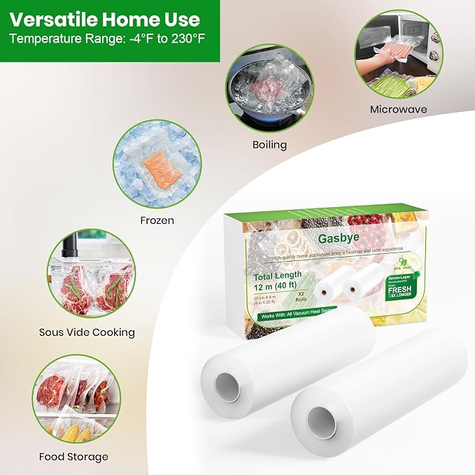Vacuum Sealer Bags, 2 Pack 8" x 20' Rolls, BPA-Free Commercial Grade, Durable Customized Size for Airtight Food Storage, Meal Prep or Sous Vide Cooking