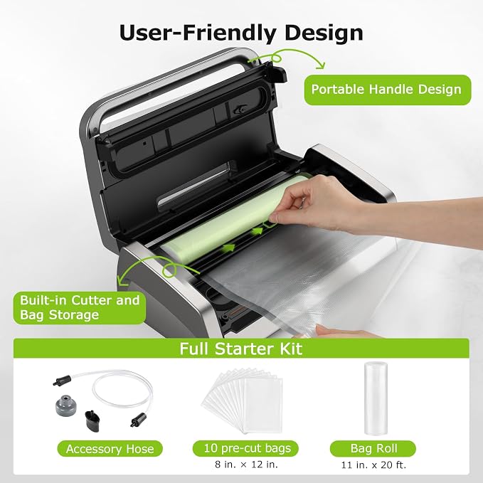 Bonsenkitchen Vacuum Sealer with Easy Handle Design,1 Bag Roll & 10 Bags | Powerful Suction Food Vacuum Sealer, Low-Noise, Fast Continuous Sealing for Bulk Buy, Built-in Cutter & Bag Storage, Black