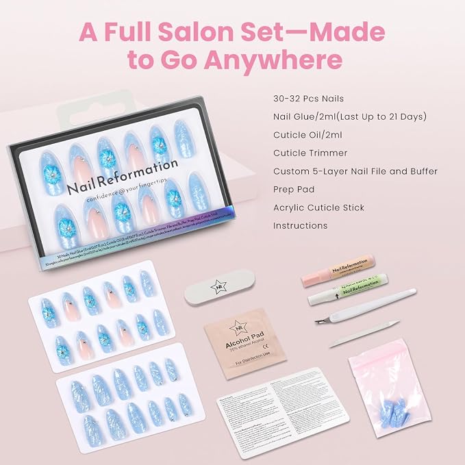 Nail Reformation Press On Nails, Blue Agate | Summer Medium Almond 30 Pcs | 15 Sizes Fake Nails with French Tip & 3D Flowers & Gems in Glossy Finish, Reusable Stick On Nail Kit, Gifts for Women