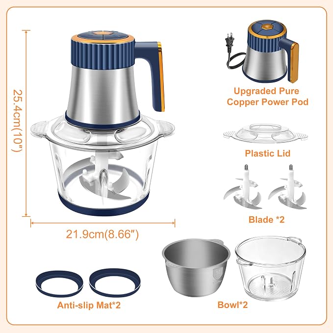 Food Processor, 5 Speed Meat Grinder with 2 Bowls(8 Cup+8 Cup), Blue | 4 Bi-Level Blades Electric Food Chopper, Mini Kitchen Cutter for Vegetable Onion Garlic Meat