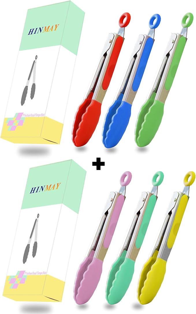 HINMAY Small Tongs Set 7-Inch Mini Tongs with Silicone Tips, Set of 6 (Red Blue Green Pink Mint Yellow) | Red Blue Green Pink Mint Yellow
